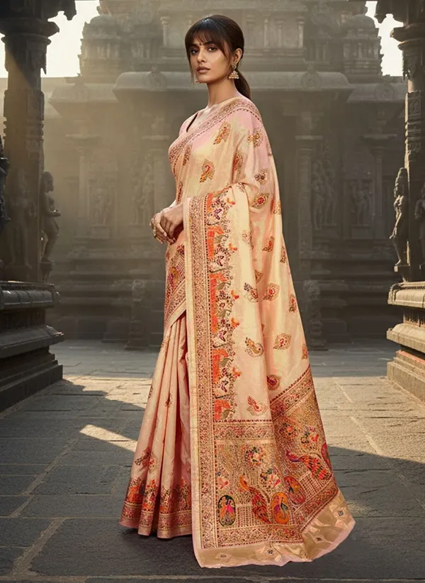 Peach_Semi_Pashmina_Jacquard_Woven_Saree_For_Women_|_With_Blouse_Piece