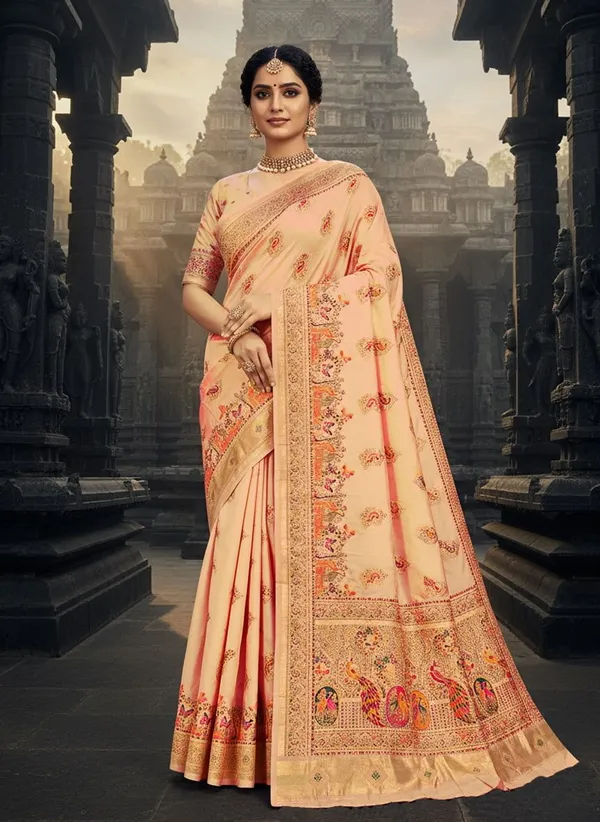 Peach_Semi_Pashmina_Jacquard_Woven_Saree_For_Women_|_With_Blouse_Piece