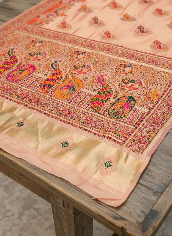 Peach_Semi_Pashmina_Jacquard_Woven_Saree_For_Women_|_With_Blouse_Piece