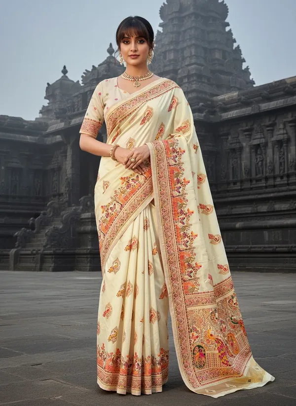 Sariya_Cream_Semi_Pashmina_Jacquard_Zari_Woven_Saree_For_Women_|_With_Blouse_Piece