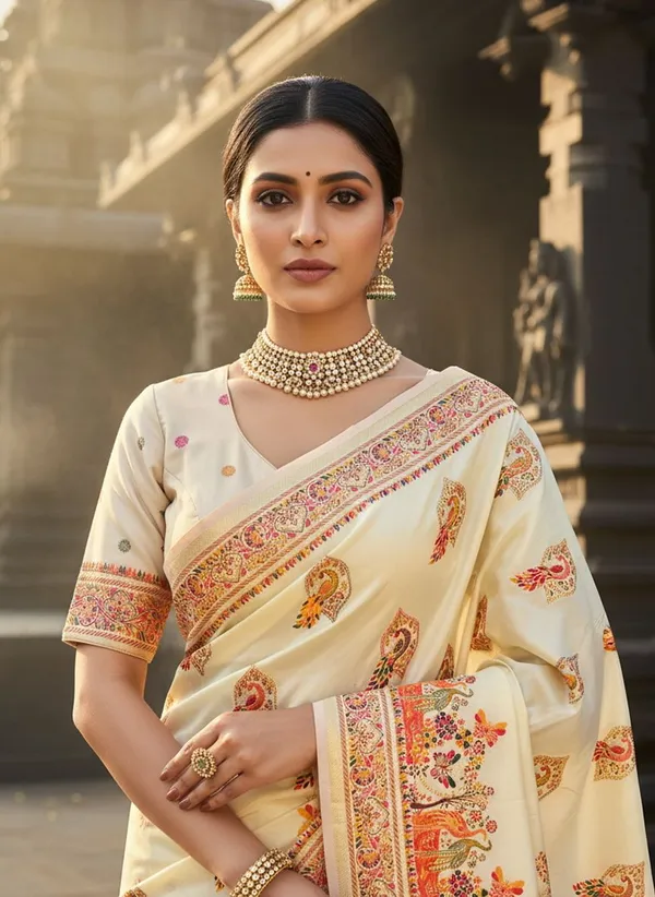 Sariya_Cream_Semi_Pashmina_Jacquard_Zari_Woven_Saree_For_Women_|_With_Blouse_Piece