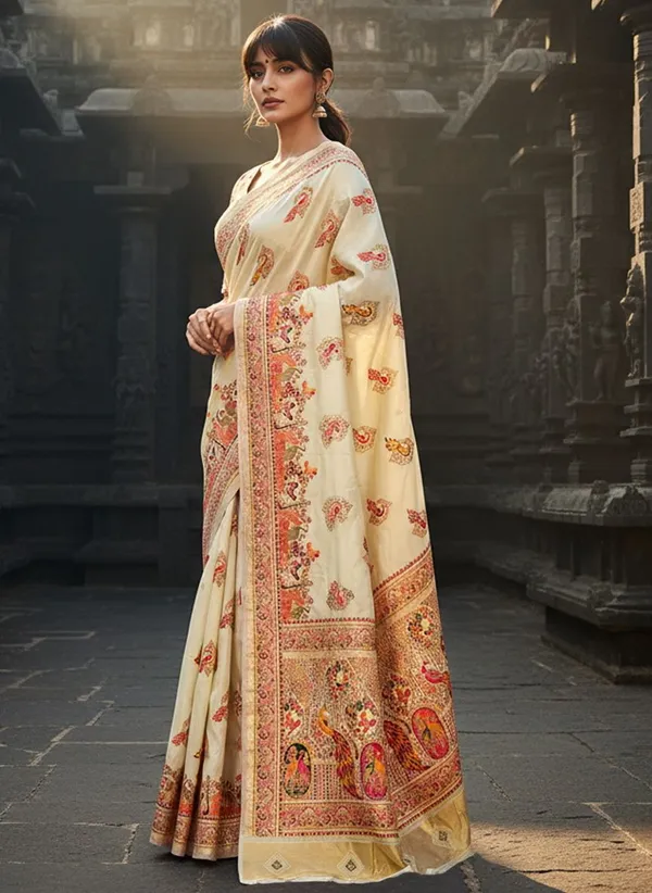 Sariya_Cream_Semi_Pashmina_Jacquard_Zari_Woven_Saree_For_Women_|_With_Blouse_Piece
