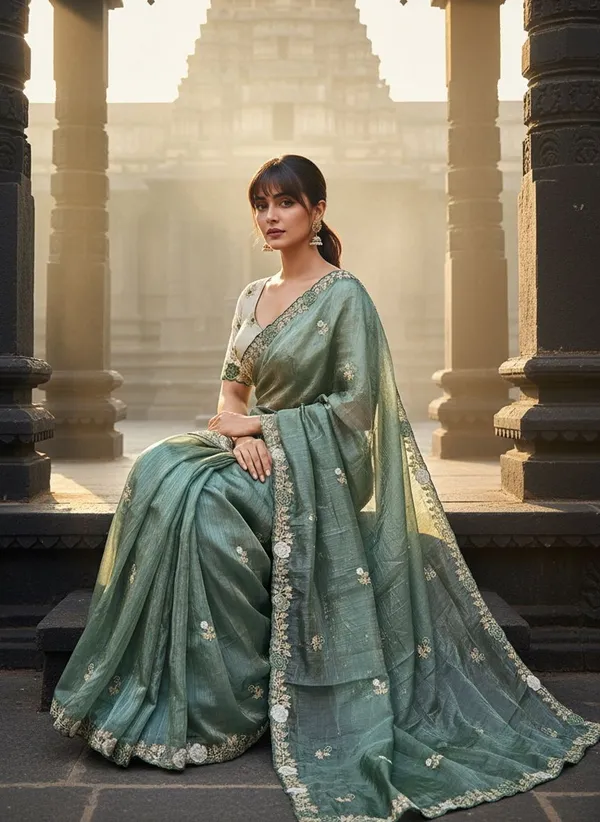 Sea_Green_Tissue_Silk_Zari_Sequence_Embroidered_Saree_For_Women_|_With_Blouse_Piece