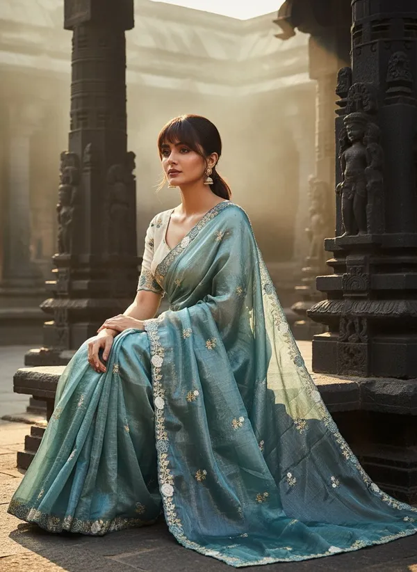 Turquoise_Tissue_Silk_Zari_Embroidered_Scalloped_Border_Saree_For_Women_|_With_Blouse_Piece