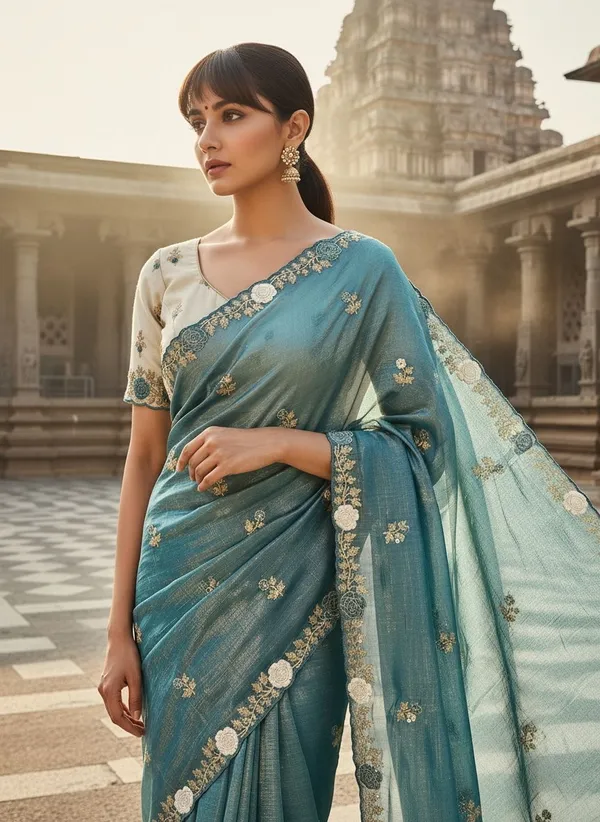 Turquoise_Tissue_Silk_Zari_Embroidered_Scalloped_Border_Saree_For_Women_|_With_Blouse_Piece
