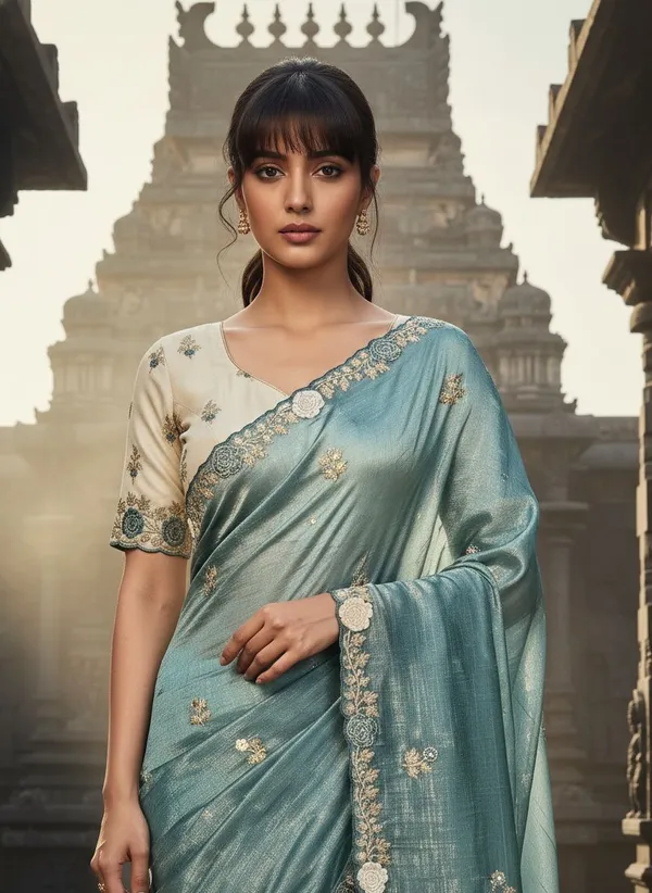 Turquoise_Tissue_Silk_Zari_Embroidered_Scalloped_Border_Saree_For_Women_|_With_Blouse_Piece