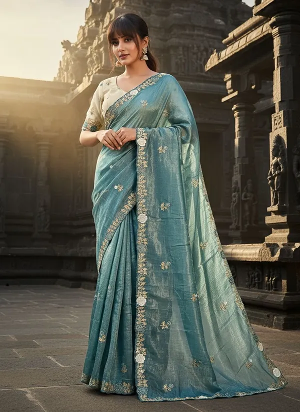 Turquoise_Tissue_Silk_Zari_Embroidered_Scalloped_Border_Saree_For_Women_|_With_Blouse_Piece