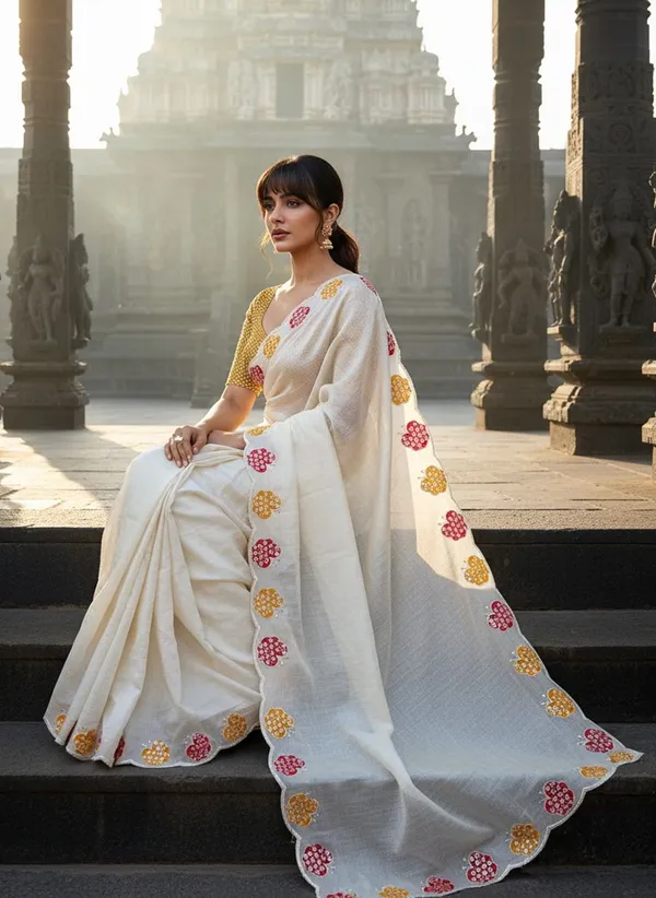 White_Georgette_Embroidered_Sequin_Work_Saree_For_Women_|_With_Blouse_Piece