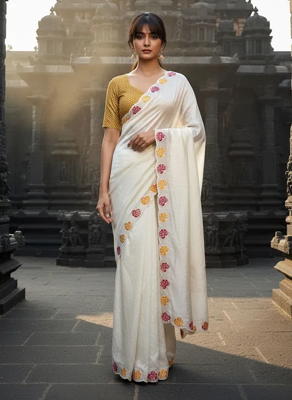 White_Georgette_Embroidered_Sequin_Work_Saree_For_Women_|_With_Blouse_Piece