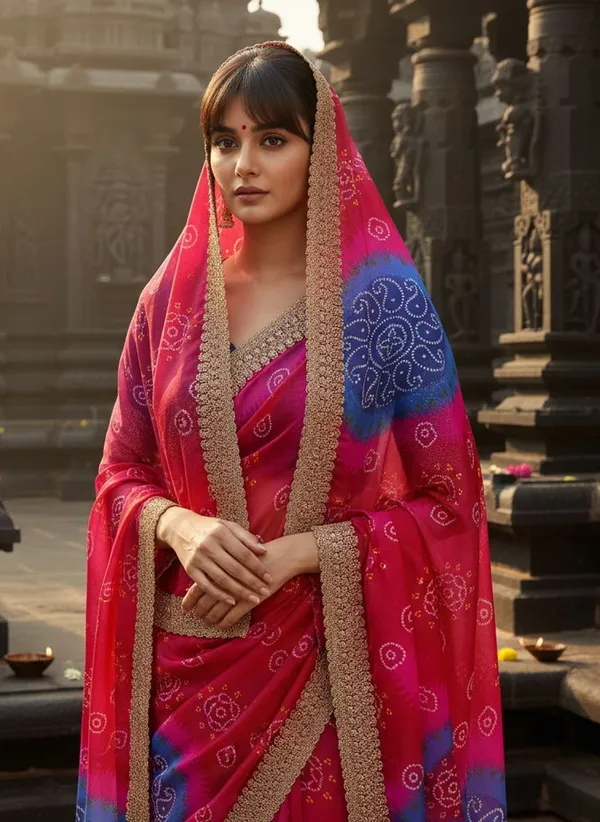 Magenta_Georgette_Printed_Bandhani_Zari_Border_Saree_For_Women_|_With_Blouse_Piece