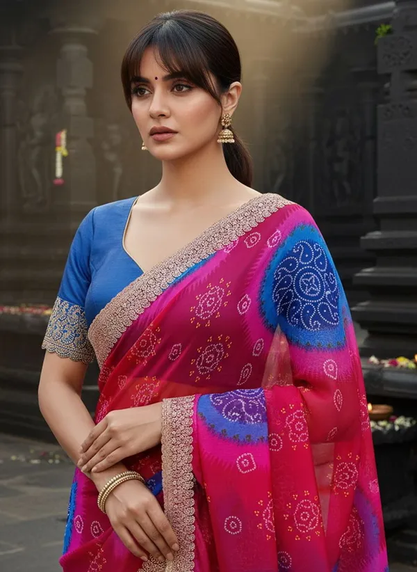 Magenta_Georgette_Printed_Bandhani_Zari_Border_Saree_For_Women_|_With_Blouse_Piece