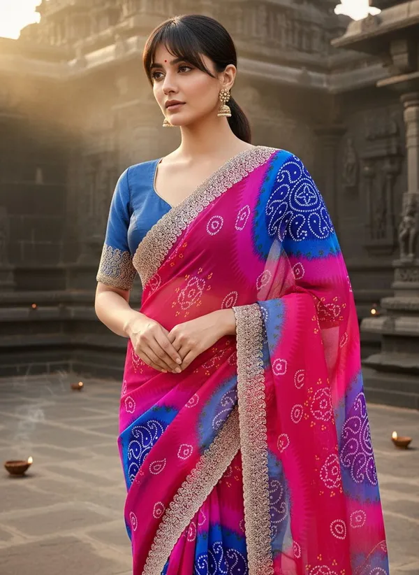 Magenta_Georgette_Printed_Bandhani_Zari_Border_Saree_For_Women_|_With_Blouse_Piece