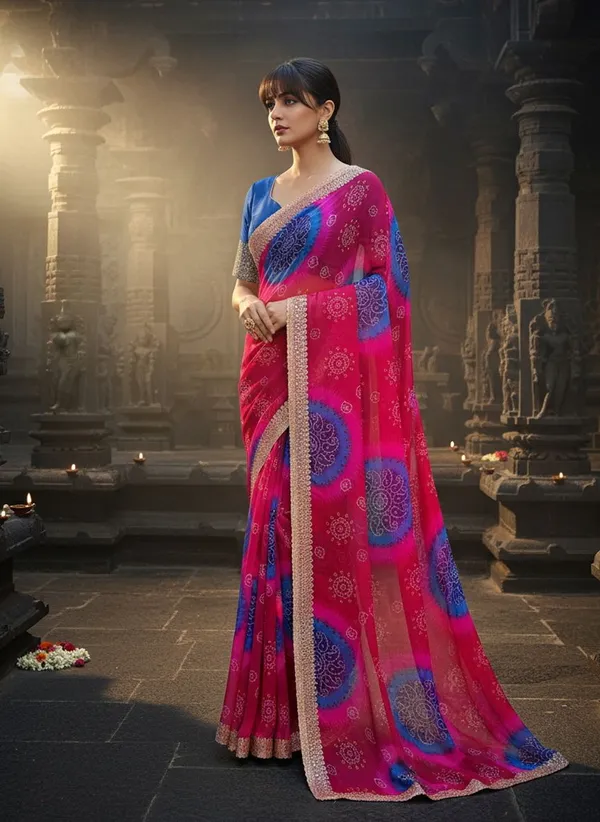 Magenta_Georgette_Printed_Bandhani_Zari_Border_Saree_For_Women_|_With_Blouse_Piece