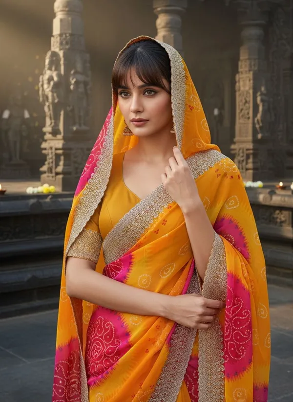 Yellow_Georgette_Bandhani_Printed_Zari_Border_Saree_For_Women_|_With_Blouse_Piece