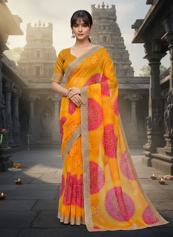 Yellow_Georgette_Bandhani_Printed_Zari_Border_Saree_For_Women_|_With_Blouse_Piece