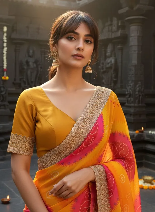 Yellow_Georgette_Bandhani_Printed_Zari_Border_Saree_For_Women_|_With_Blouse_Piece