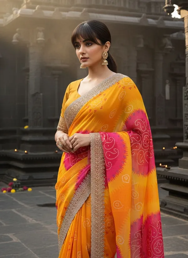 Yellow_Georgette_Bandhani_Printed_Zari_Border_Saree_For_Women_|_With_Blouse_Piece