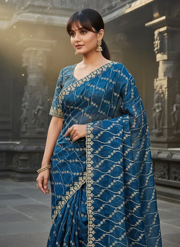 Blue_Satin_Tissue_Embroidered_Sequence_Work_Saree_For_Women_|_With_Blouse_Piece