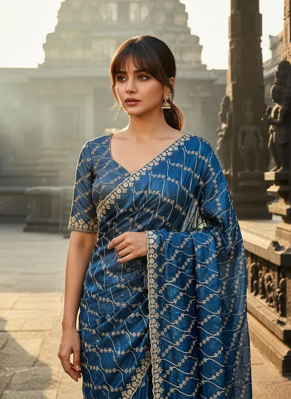 Blue_Satin_Tissue_Embroidered_Sequence_Work_Saree_For_Women_|_With_Blouse_Piece
