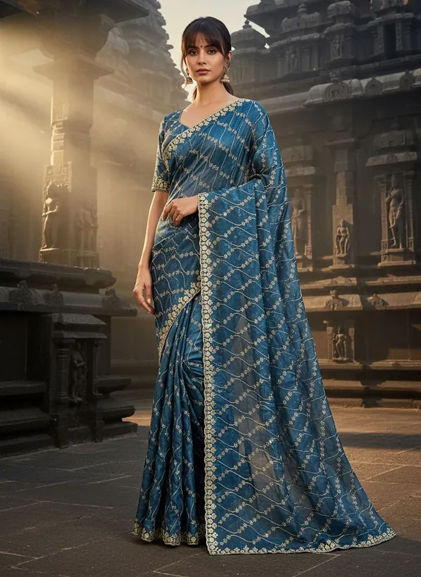 Blue_Satin_Tissue_Embroidered_Sequence_Work_Saree_For_Women_|_With_Blouse_Piece