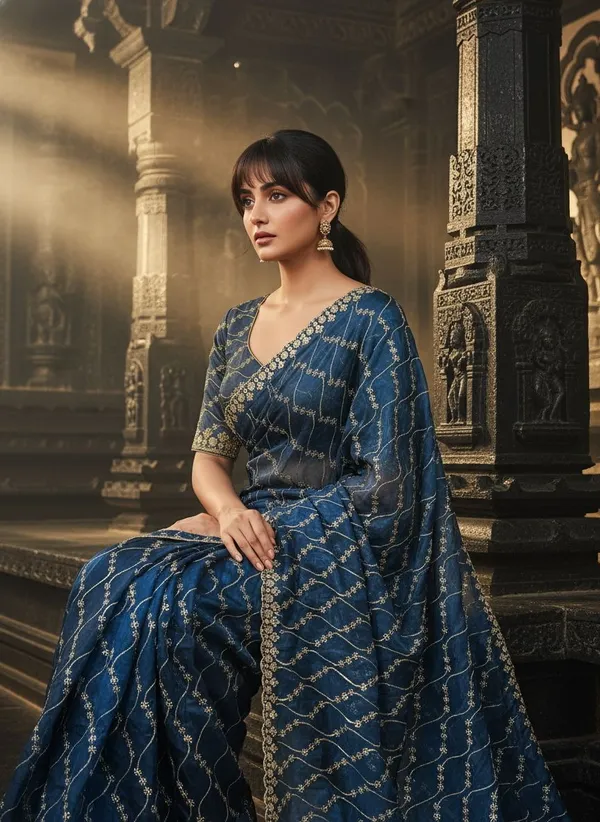 Blue_Satin_Tissue_Embroidered_Sequence_Work_Saree_For_Women_|_With_Blouse_Piece