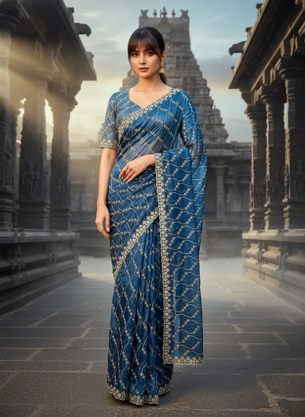 Blue_Satin_Tissue_Embroidered_Sequence_Work_Saree_For_Women_|_With_Blouse_Piece