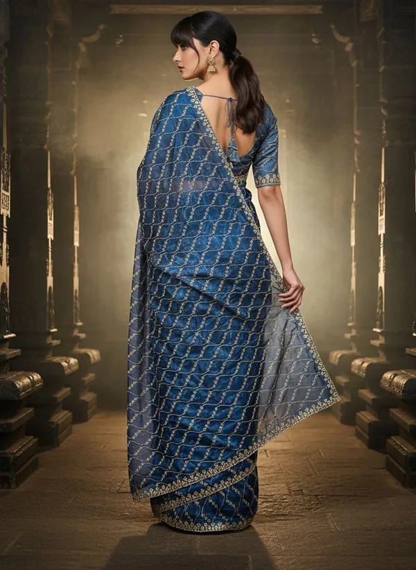Blue_Satin_Tissue_Embroidered_Sequence_Work_Saree_For_Women_|_With_Blouse_Piece