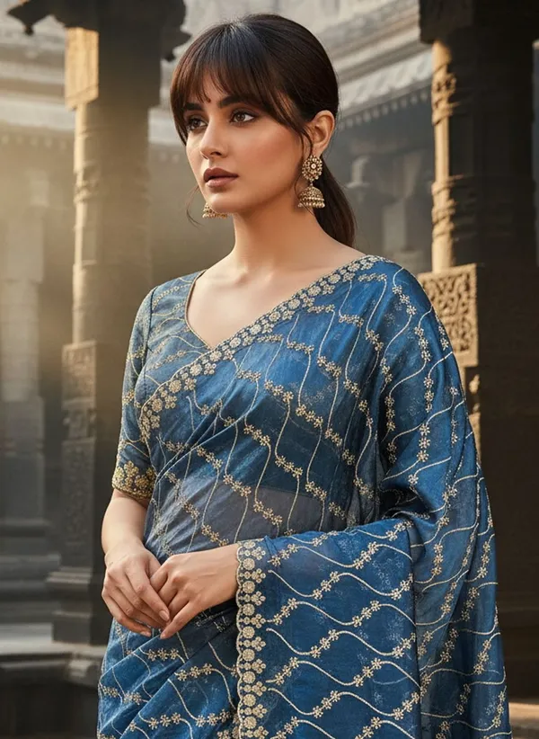 Blue_Satin_Tissue_Embroidered_Sequence_Work_Saree_For_Women_|_With_Blouse_Piece