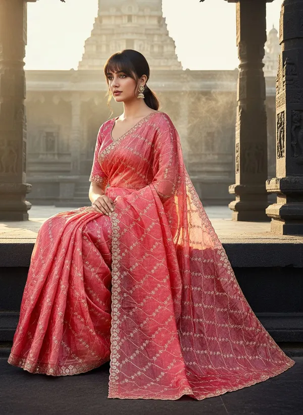 Peach_Satin_Silk_Zari_Sequence_Embroidered_Scalloped_Border_Saree_For_Women_|_With_Blouse_Piece