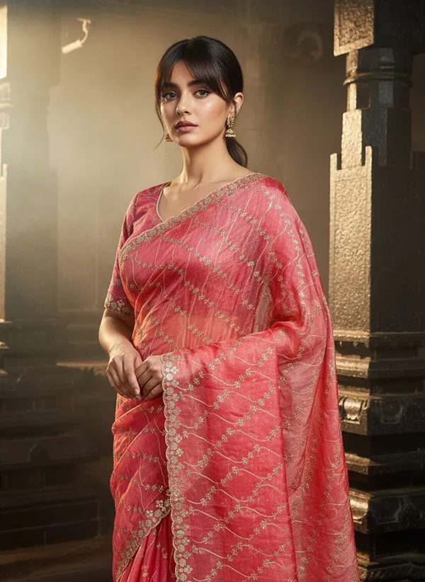 Peach_Satin_Silk_Zari_Sequence_Embroidered_Scalloped_Border_Saree_For_Women_|_With_Blouse_Piece