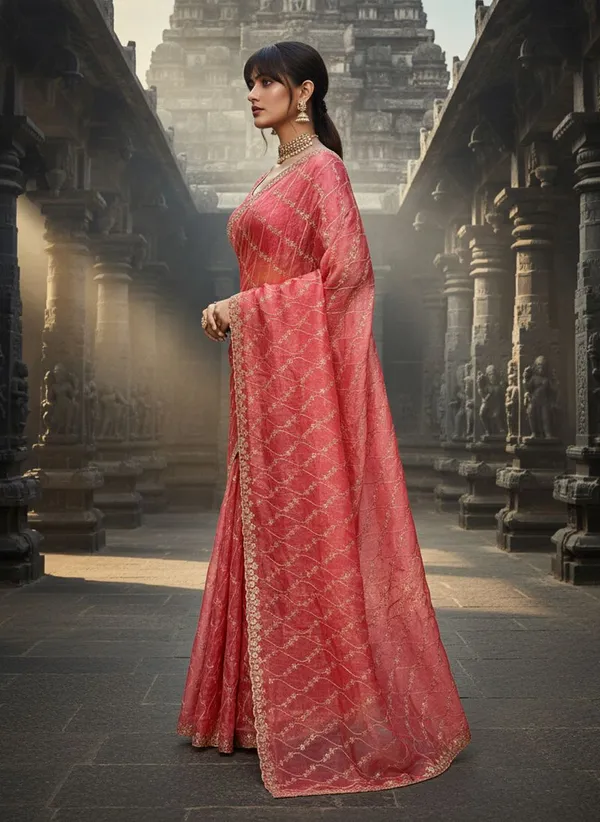 Peach_Satin_Silk_Zari_Sequence_Embroidered_Scalloped_Border_Saree_For_Women_|_With_Blouse_Piece