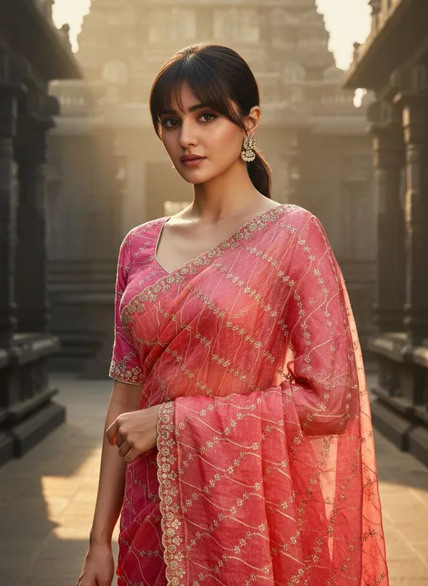 Peach_Satin_Silk_Zari_Sequence_Embroidered_Scalloped_Border_Saree_For_Women_|_With_Blouse_Piece