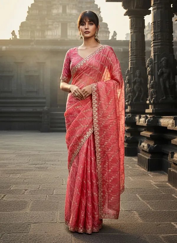 Peach_Satin_Silk_Zari_Sequence_Embroidered_Scalloped_Border_Saree_For_Women_|_With_Blouse_Piece