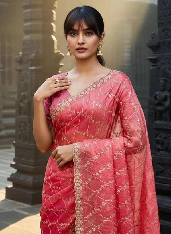 Peach_Satin_Silk_Zari_Sequence_Embroidered_Scalloped_Border_Saree_For_Women_|_With_Blouse_Piece