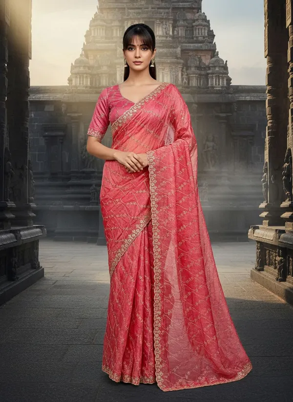 Peach_Satin_Silk_Zari_Sequence_Embroidered_Scalloped_Border_Saree_For_Women_|_With_Blouse_Piece