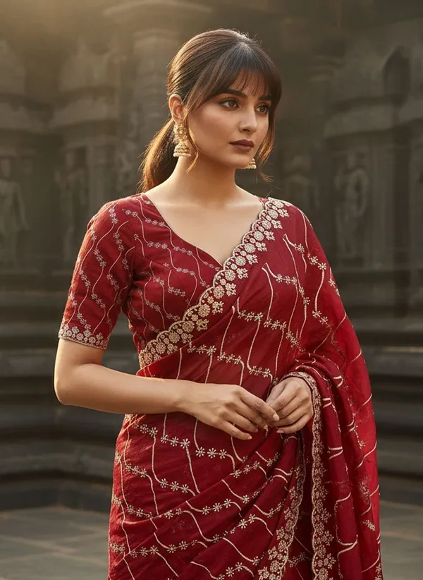 Maroon_Satin_Embroidered_Zari_Sequin_Tissue_Saree_For_Women_|_With_Blouse_Piece