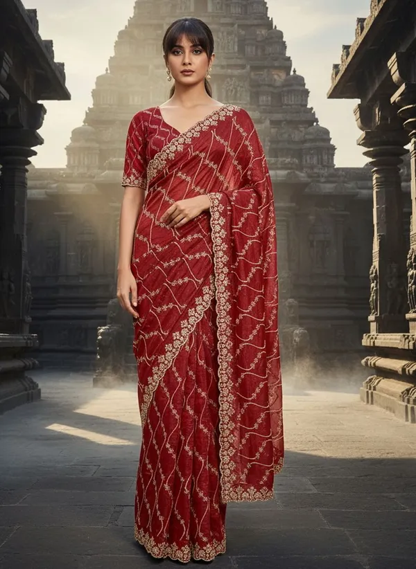 Maroon_Satin_Embroidered_Zari_Sequin_Tissue_Saree_For_Women_|_With_Blouse_Piece