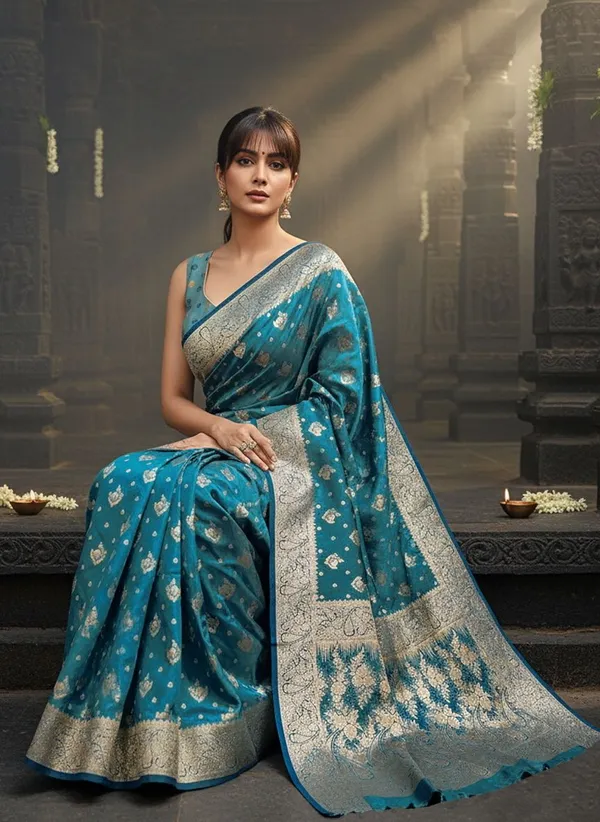 Teal_Satin_Banarasi_Jacquard_Woven_Shimmer_Saree_For_Women_|_With_Blouse_Piece