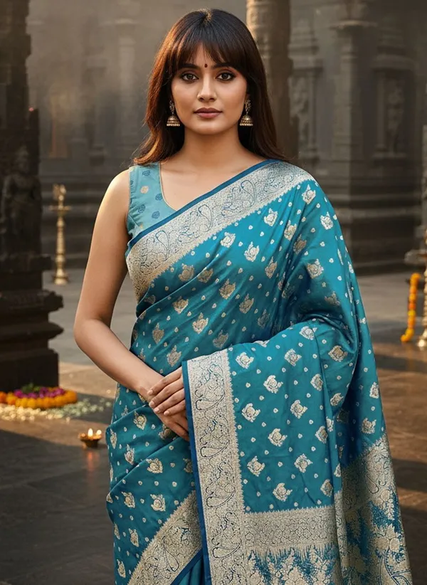Teal_Satin_Banarasi_Jacquard_Woven_Shimmer_Saree_For_Women_|_With_Blouse_Piece