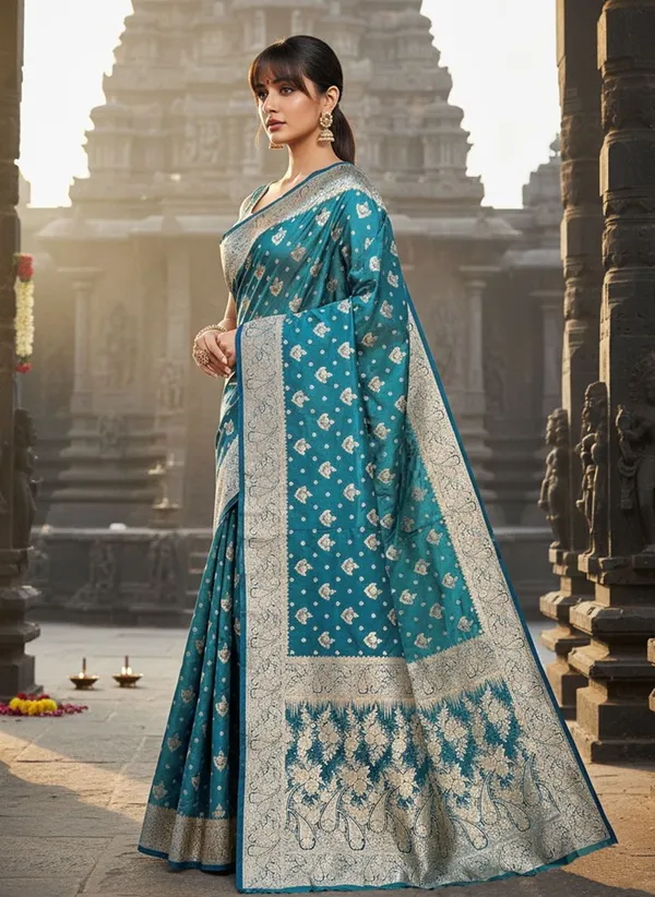 Teal_Satin_Banarasi_Jacquard_Woven_Shimmer_Saree_For_Women_|_With_Blouse_Piece