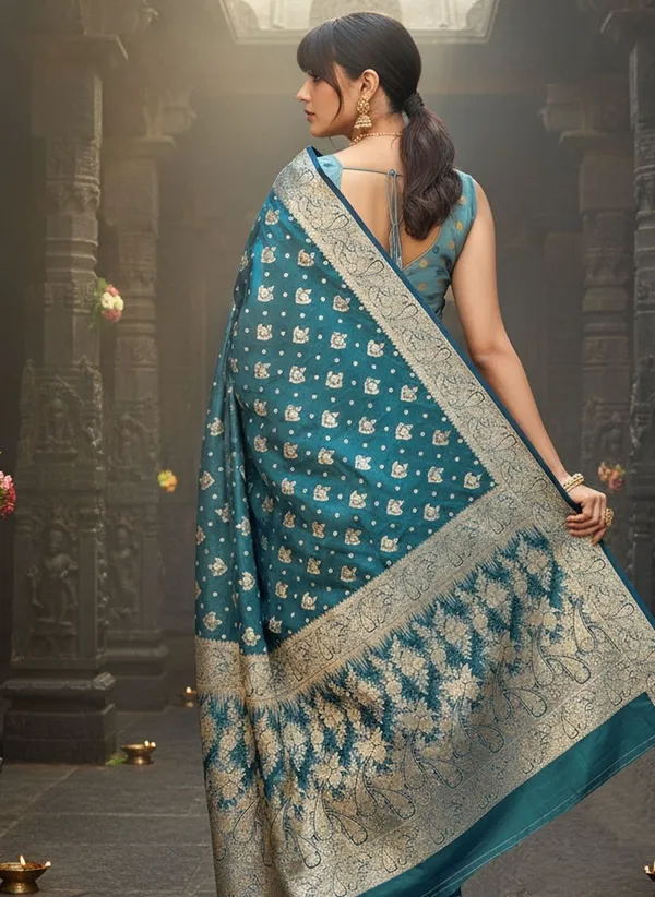 Teal_Satin_Banarasi_Jacquard_Woven_Shimmer_Saree_For_Women_|_With_Blouse_Piece