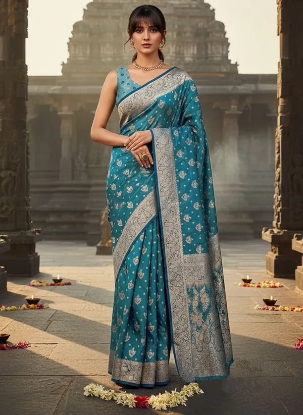 Teal_Satin_Banarasi_Jacquard_Woven_Shimmer_Saree_For_Women_|_With_Blouse_Piece