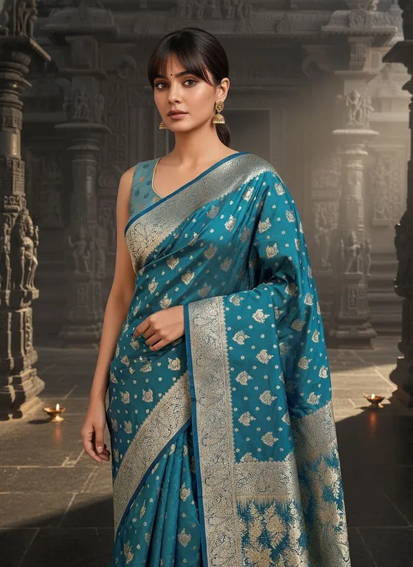 Teal_Satin_Banarasi_Jacquard_Woven_Shimmer_Saree_For_Women_|_With_Blouse_Piece