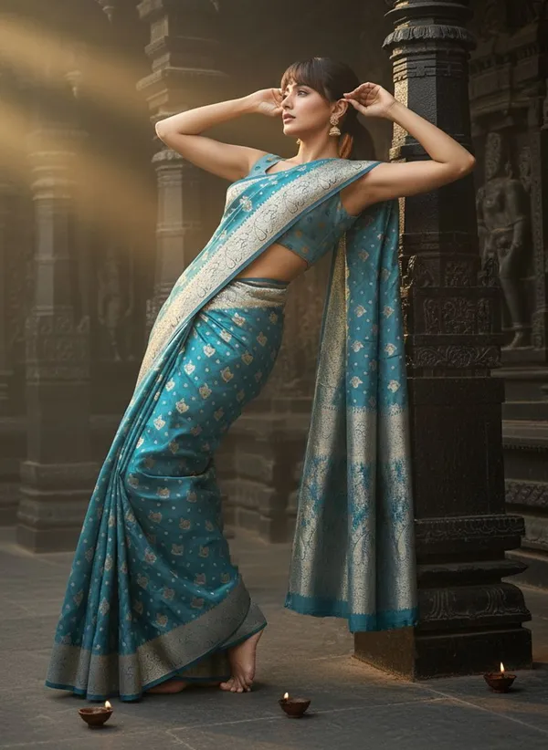 Teal_Satin_Banarasi_Jacquard_Woven_Shimmer_Saree_For_Women_|_With_Blouse_Piece