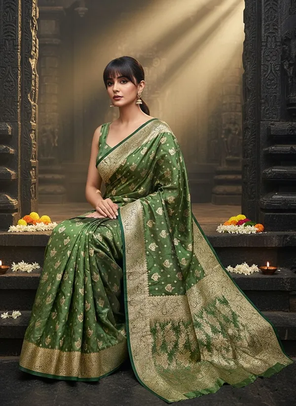 Green_Satin_Woven_Banarasi_Jacquard_Saree_For_Women_|_With_Blouse_Piece