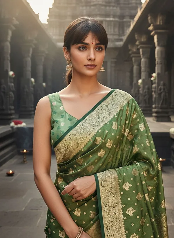 Green_Satin_Woven_Banarasi_Jacquard_Saree_For_Women_|_With_Blouse_Piece