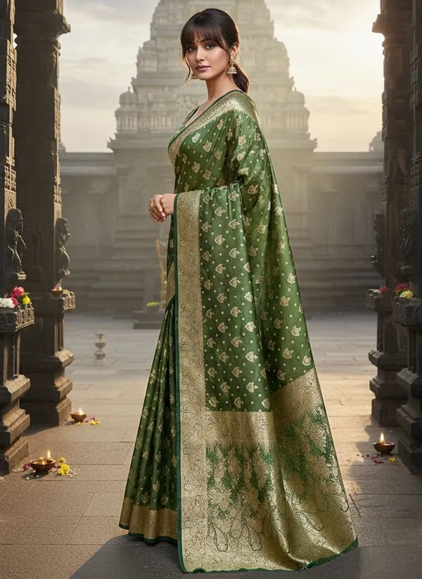 Green_Satin_Woven_Banarasi_Jacquard_Saree_For_Women_|_With_Blouse_Piece
