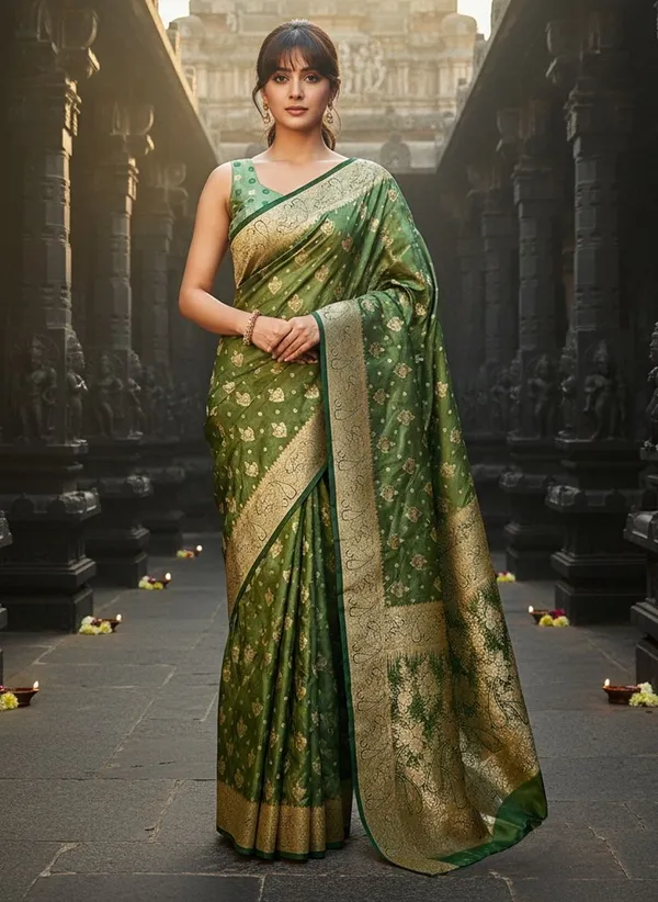 Green_Satin_Woven_Banarasi_Jacquard_Saree_For_Women_|_With_Blouse_Piece