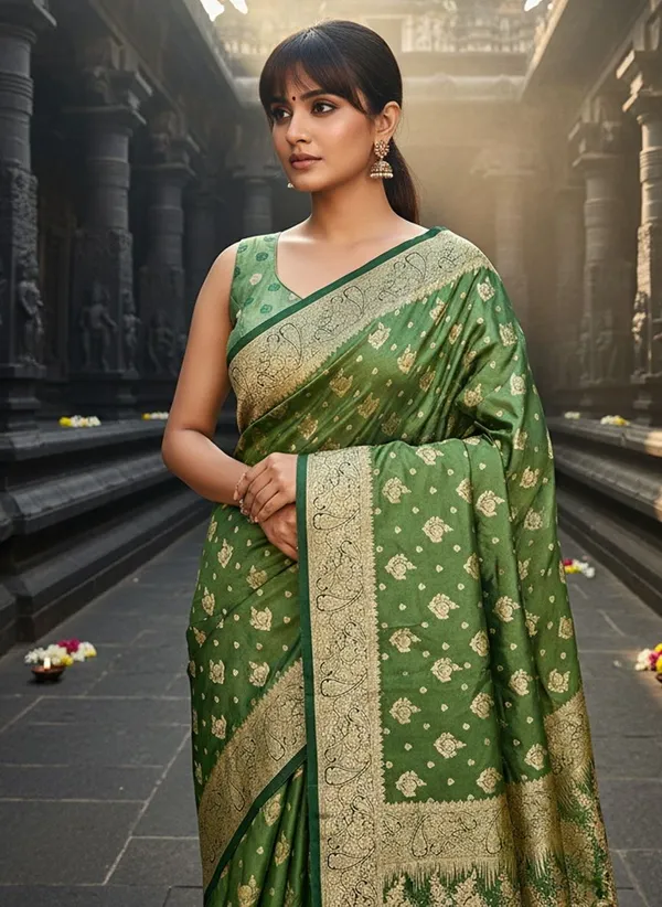Green_Satin_Woven_Banarasi_Jacquard_Saree_For_Women_|_With_Blouse_Piece