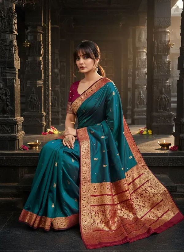 Dark_Green_Georgette_Peacock_Jacquard_Woven_Kanjivaram_Saree_For_Women_|_With_Blouse_Piece
